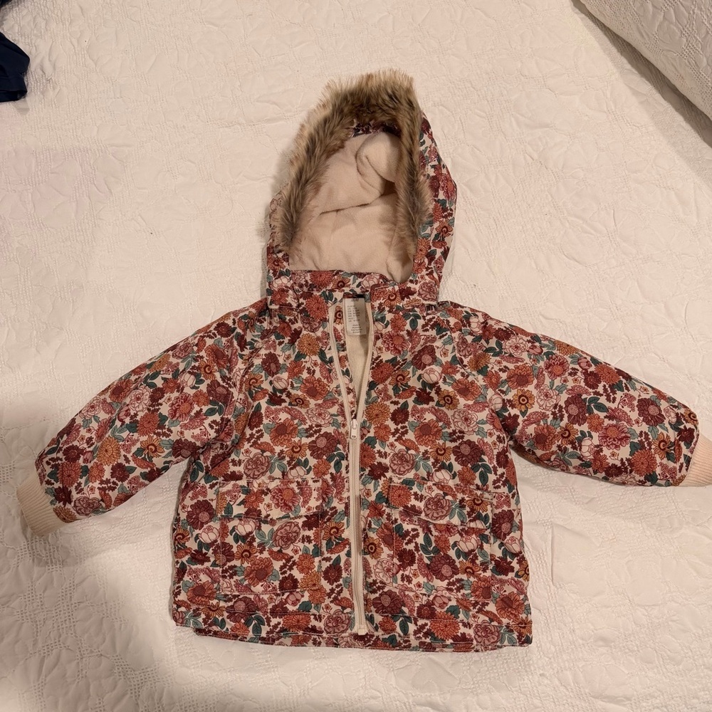 H&M Floral Hooded Puffer Jacket - Pink, Rust & Teal - Picture 1 of 4